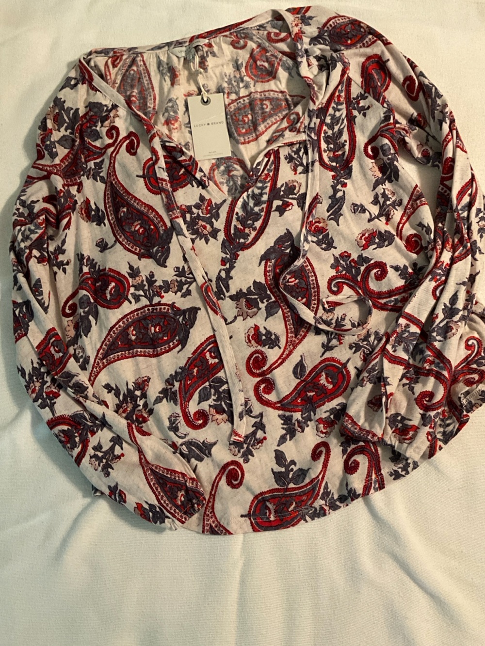 NWT Lucky Brand Cream Top with Red and Gray Paisley Print